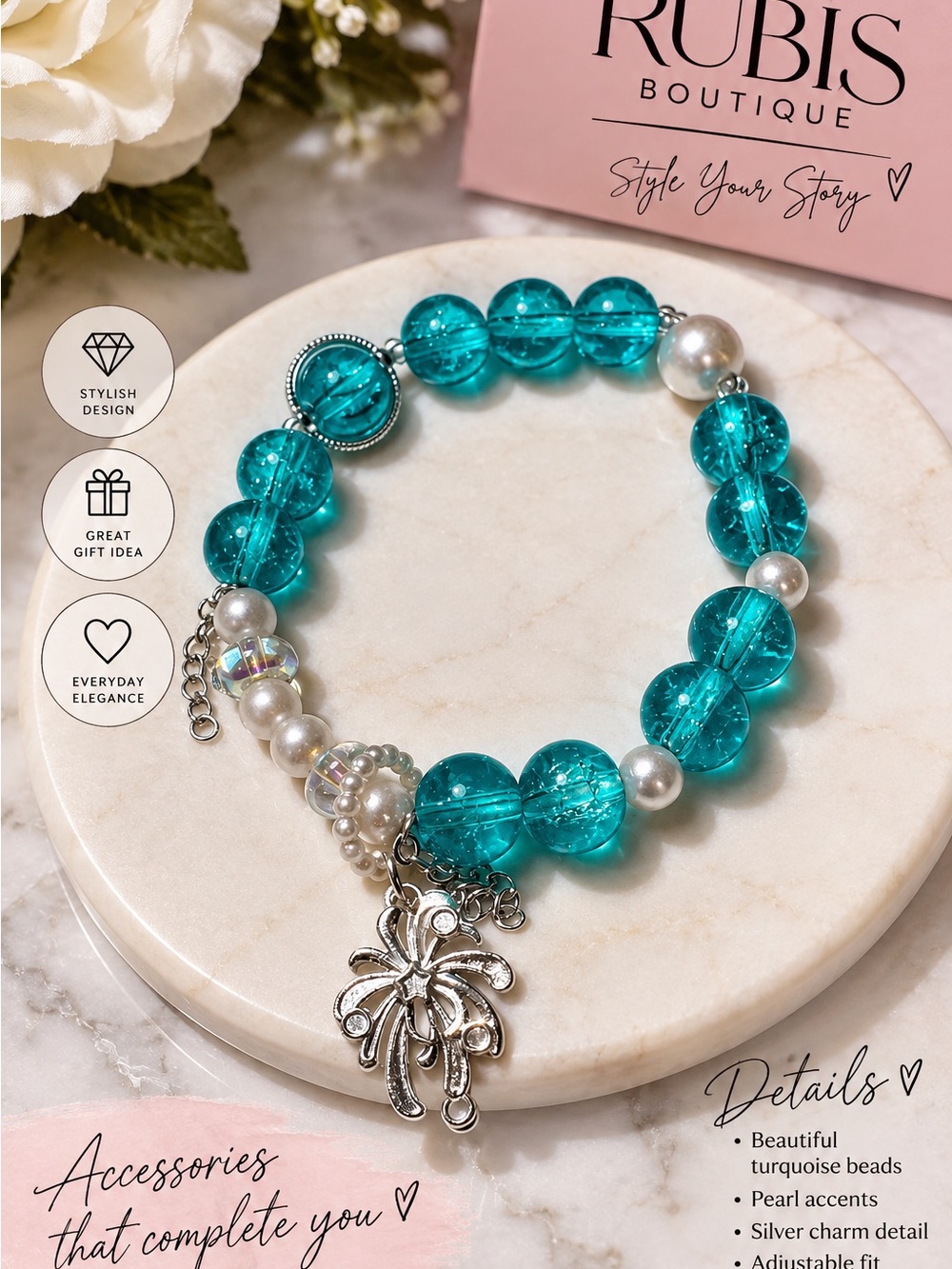 Turquoise Pearl Charm Bracelet
